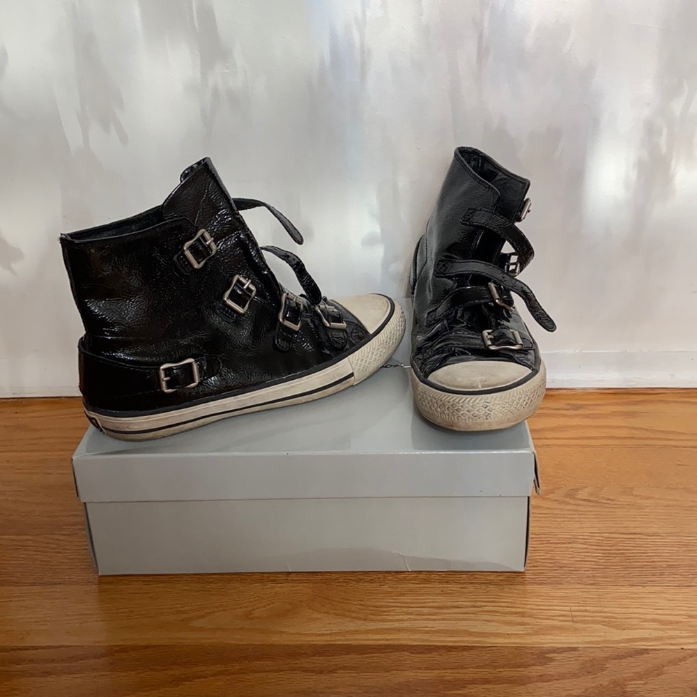 ASH black patent leather buckle up sneaker